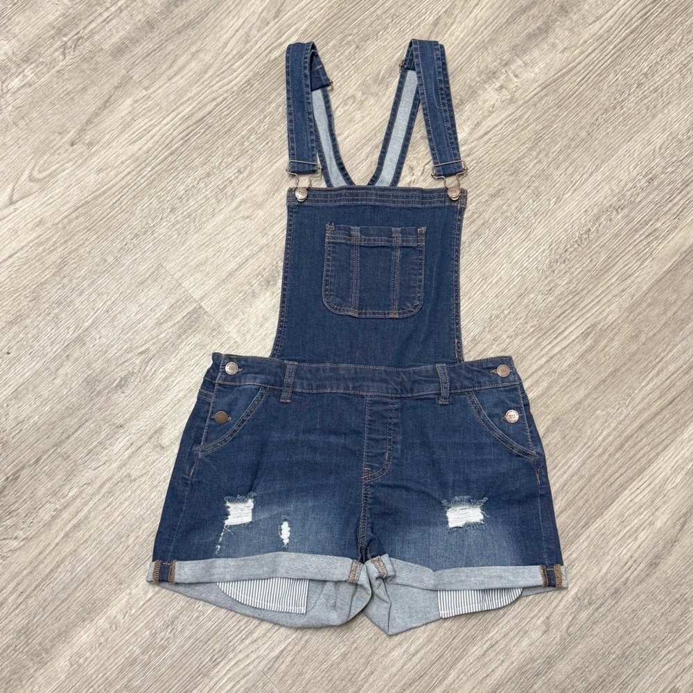 Wax Jean Women Dark Wash Distressed Denim Shortalls Overalls Size M 90078
